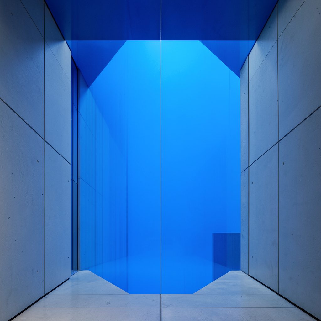 Abstract teal and grey architectural photograph with strong vertical symmetry and a calm, formal mood.